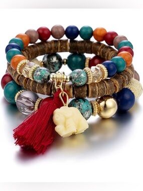 Red Tassel Bohemian Multicolor Beaded Elephant Charm Bracelet Set